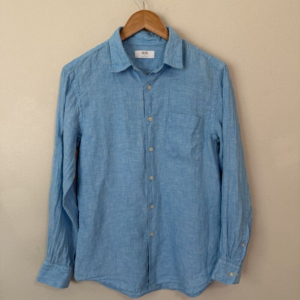 Uniqlo Premium Linen Shirt Mens Medium Light Blue Button Down Long Sleeve Top